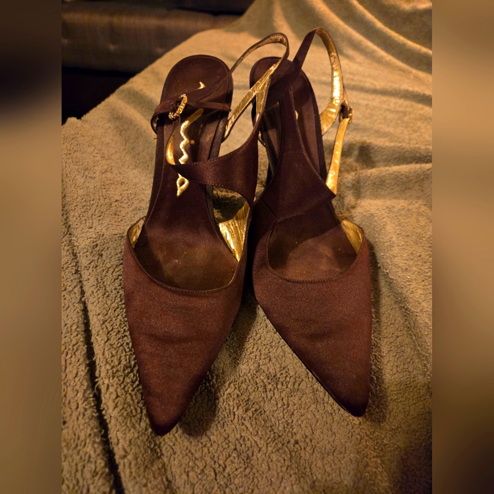 Brown NINA kitten heel pointed heels with ankle strap
